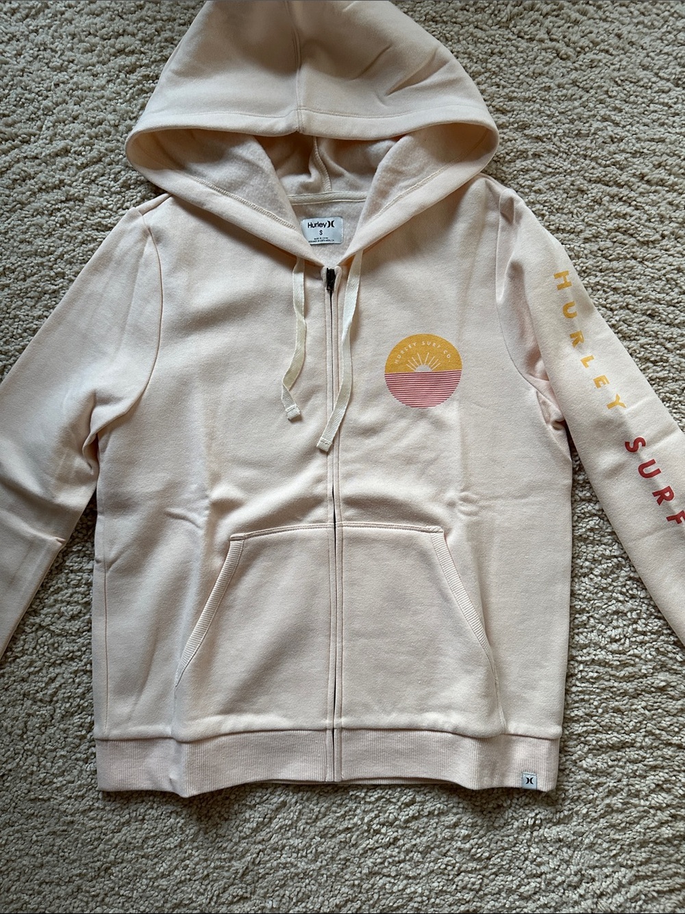 Hurley Women's Light Peach Zip Hoodie with Sunset Surf Graphic